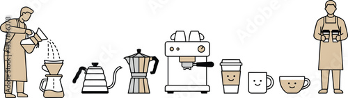 Coffee making, baristas, pour-over, espresso machine, moka pot, smiling cups, takeaway coffee, tools, brewing process, flat vector illustration