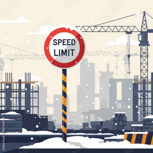 Speed limit sign with regulatory mood controlling traffic against winter construction city background