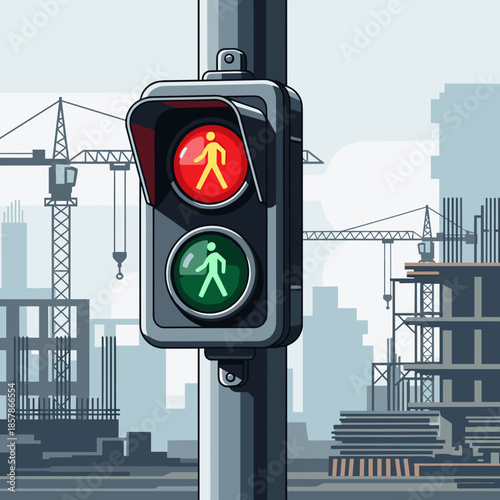 Pedestrian traffic light with controlled mood regulating crossing against construction city background