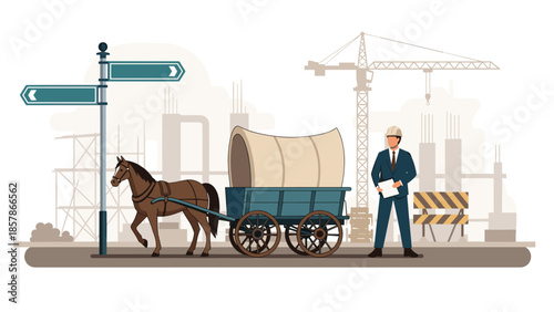 Horse cart driver with working mood transporting goods against developing city background