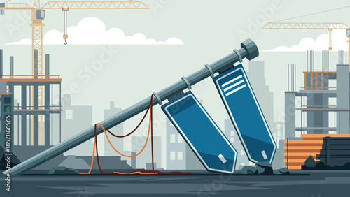 Fallen traffic lights with disrupted mood symbolizing infrastructure failure against urban construction background