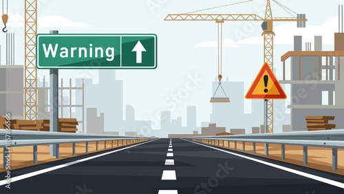 Empty city road with alert mood showing Warning message against construction skyline with copy space