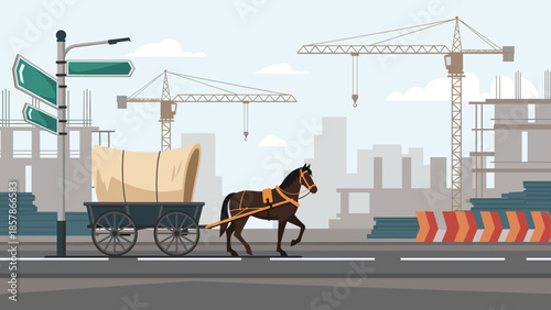 Horse cart with calm mood transporting goods against urban construction background