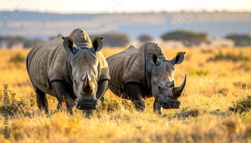 Two Southern White Rhinos walking through a golden grassland in an African savanna at sunset.