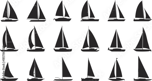 Minimal sailboat silhouettes collection showing various yacht profiles, nautical marine illustration set for stock use