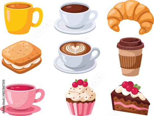 Coffee and bakery icons collection, cups desserts pastries sweet snacks flat vector illustration set design