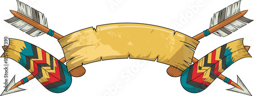 Vintage parchment scroll banner with crossed arrows, colorful feathers, tribal ribbons, rustic decorative design, ethnic cultural motif, symmetrical layout for creative artwork