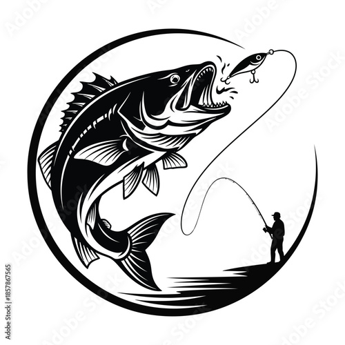 Jumping Fish and Angler Fishing Vector Illustration