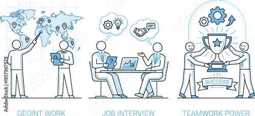 Geoint work, job interview, teamwork success, professional collaboration, career growth, global data, achievement concept, flat vector illustration