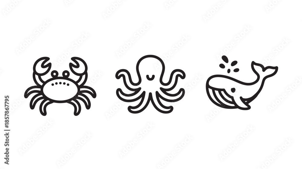 Obraz premium Simple sea creatures in minimalist style with black outline on white background for marine life illustration