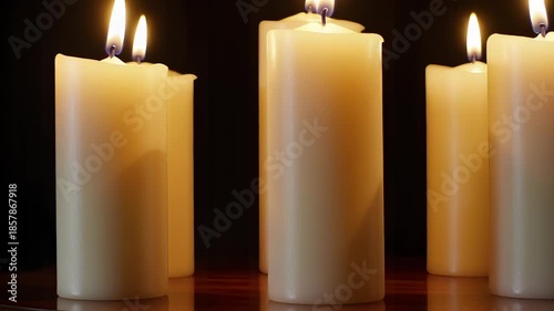 Lit candles in warm glow on wooden surface in dark ambiance for home decor