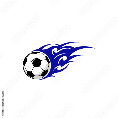 Dynamic soccer ball with blue flames on white background