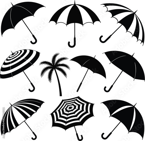 Black umbrella silhouettes set with various striped patterns and tropical palm tree isolated on white background for summer beach rainy design