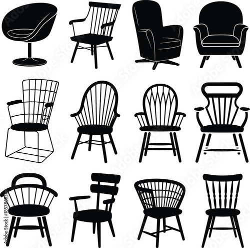 Chair silhouette collection illustration, modern and vintage seating furniture set with armchairs and wooden chairs isolated on white background vector