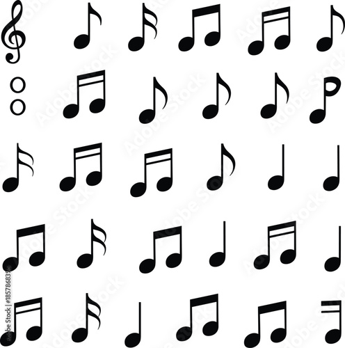Collection of Music Note Silhouettes Featuring Treble Clef Quavers Semiquavers and Musical Symbols for Sound Design Composition Arts and Audio Education