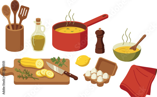 Home kitchen cooking scene, fresh ingredients, soup pot, herbs, utensils, food prep, cozy meal, flat vector illustration, culinary concept