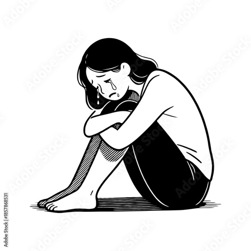 Emotional woman crying with tears down her face, monochrome drawing style, isolated on white background. Concept of sadness or depression