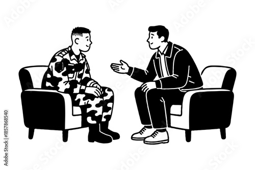 Military personnel and a man in casual wear talking on armchairs, black and white graphic style, white background, concept of counseling support