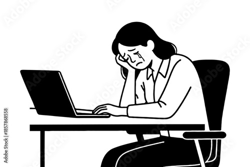 Woman sitting at table crying while working on laptop, black and white drawing style, on white background, concept of stress and burnout