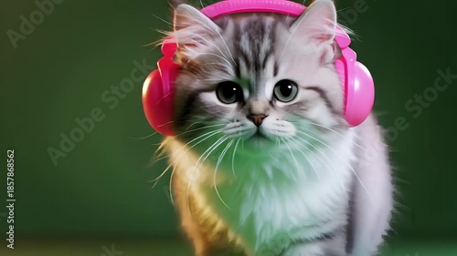 Grey cat wearing pink headphones in studio shot with soft lighting for pet accessories