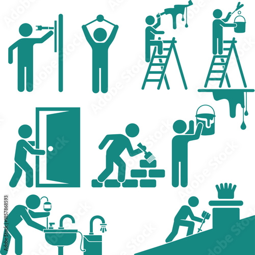 Home improvement icons showing repair and renovation tasks including drilling, painting, masonry, plumbing, lighting, and household maintenance activities illustration.