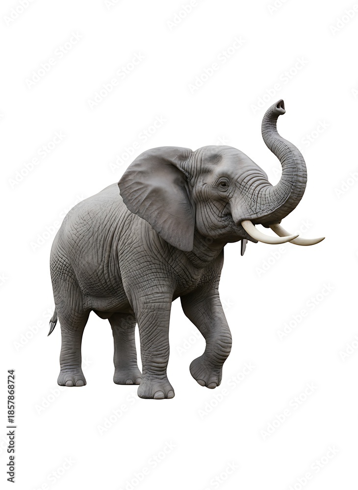 Fototapeta premium Large gray elephant with raised trunk walking against a white background