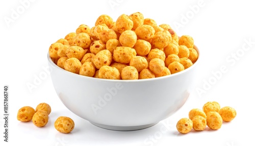 Overflowing White Bowl of Golden Crunchy Cheese Puffs and Scattered Snacks on White Background