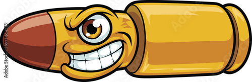 Angry cartoon bullet character with aggressive facial expression, comic ammunition illustration, weapon concept mascot design for games, stickers and graphic art, isolated on white