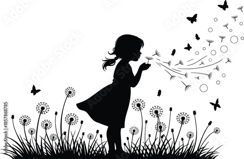 Girl blowing dandelion silhouette, butterflies flying, childhood innocence nature scene, black isolated illustration, dreamy fantasy, spring meadow concept