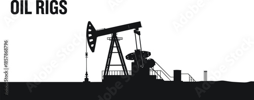 Oil Rig Silhouette Featuring Pumpjack and Industrial Components – Energy Production Vector for Petroleum, Fuel Extraction, and Mechanical Engineering Concepts