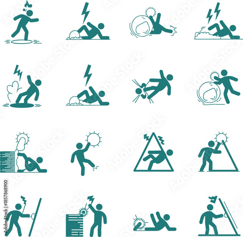 Workplace accident and injury icon set showing slips, falls, electric shock and hazard situations, occupational safety warning pictograms, industrial risk prevention symbols, flat design