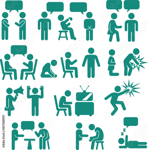 Human behavior and communication icon set showing conversation, conflict, emotions, stress, violence and social interaction scenarios, psychology and mental health pictograms, 