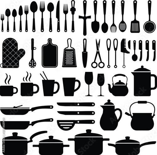 Silhouette icons of kitchen utensils and cookware including cutlery, spatulas, mugs, pots, pans, knives, teapots, and cooking accessories for culinary design