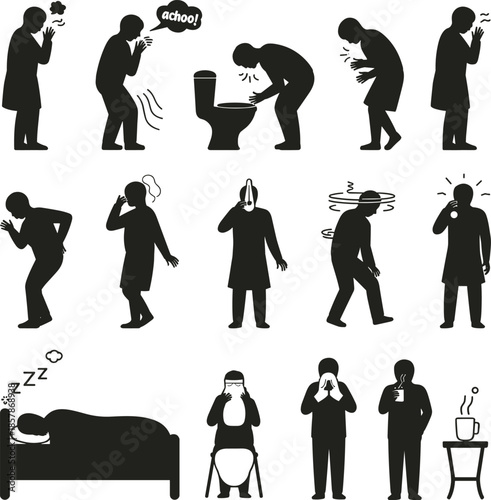 Silhouette icons showing sick people with symptoms like coughing, sneezing, vomiting, fever, dizziness, resting, doctor visit, and drinking hot fluids