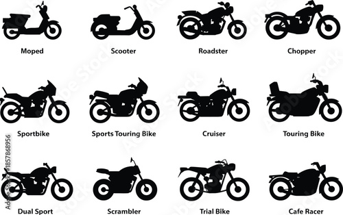 Black motorcycle silhouette icon set featuring moped, scooter, sportbike, cruiser, touring and cafe racer styles, two wheeler vehicle symbols, flat design, isolated on white