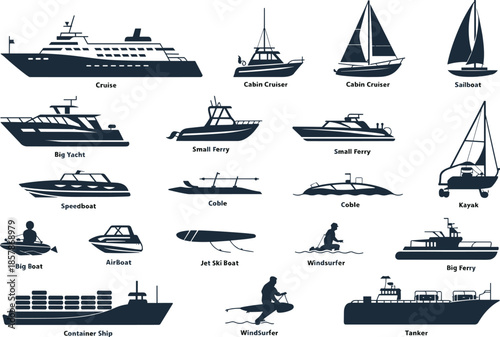 Silhouette illustration of boats and ships including cruise, yacht, ferry, sailboat, kayak, tanker, and container ship for educational marine reference