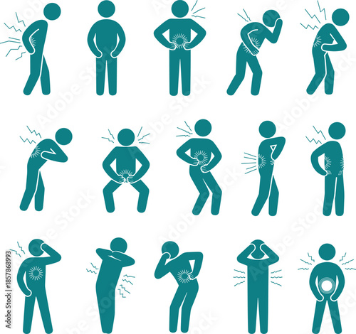 Human body pain icons set showing discomfort in back, neck, shoulders, hips, and abdomen, medical ergonomic illustration for health awareness and therapy