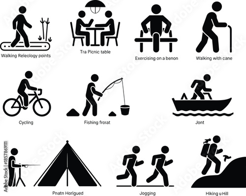 Outdoor recreational activities silhouette illustration featuring walking, picnicking, exercising, cycling, fishing, boating, camping, jogging, hiking, and leisure icons.