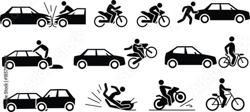 Traffic accident and road safety silhouette icons set showing car and bicycle collisions, pedestrian impact, motorcycle crashes and transportation hazard situations vector illustration