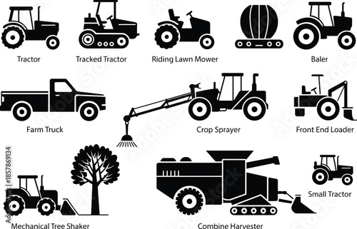 Agricultural machinery silhouette illustration featuring tractor, tracked tractor, lawn mower, baler, farm truck, crop sprayer, loader, tree shaker, and combine harvester.