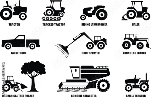 Agricultural machinery silhouette icons set showing tractors, combine harvester, crop sprayer, baler, loader and farm vehicles for modern farming vector illustration