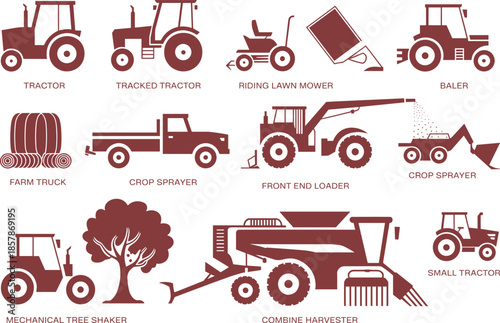 Agricultural machinery and farm equipment silhouette vector set including tractors, combine harvester, crop sprayers, baler, loader and farming vehicles illustration