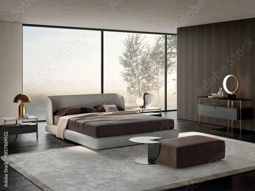 Modern luxury bedroom interior in minimal scandinavian style, 3d render