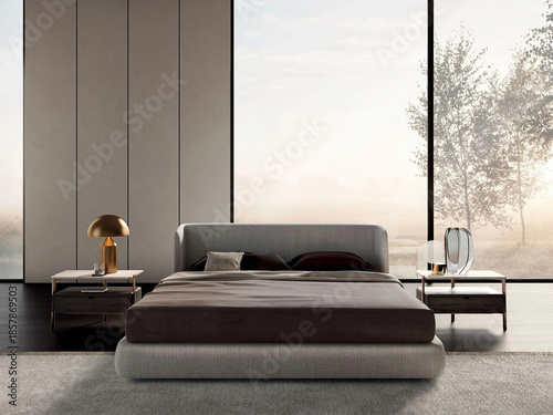 Quadro su tela Modern luxury bedroom interior in minimal scandinavian style, 3d render
