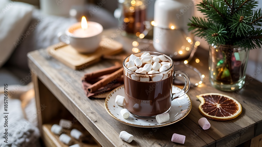 Fototapeta premium Cozy Winter Hot Chocolate Scene with Marshmallows, Candle & Fairy Lights