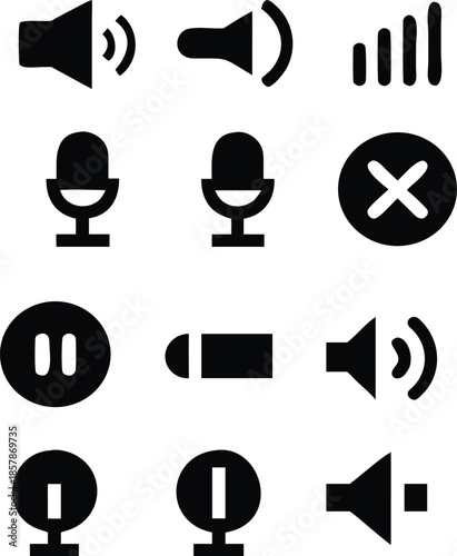 Microphone icon set: music, recording, podcast, mute, sound wave symbols in black 