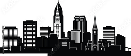 Cleveland city skyline silhouette, panoramic Ohio metropolitan skyscrapers with Terminal Tower, black and white cityscape, cad drawing flat vector illustration