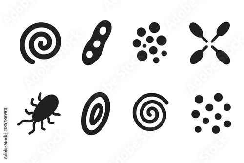 Microbial Art Icons. Solid style icons of microbial paintings: bacterial swirl, cellular stroke, micro pigment cluster, spore
