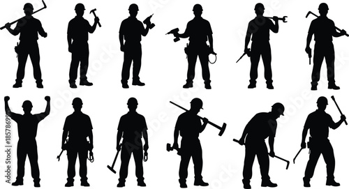 Construction worker silhouette collection, manual labor tradesman with tools and equipment outlines set, maintenance engineer, cad drawing flat vector illustration