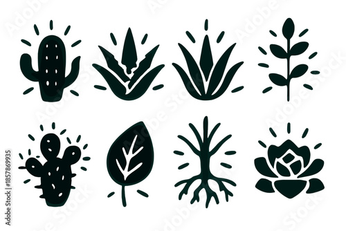 Glowing Desert Plants. Solid style icons of glowing desert plants: radiant cactus, luminous aloe, shining agave, xenon-lit stem,